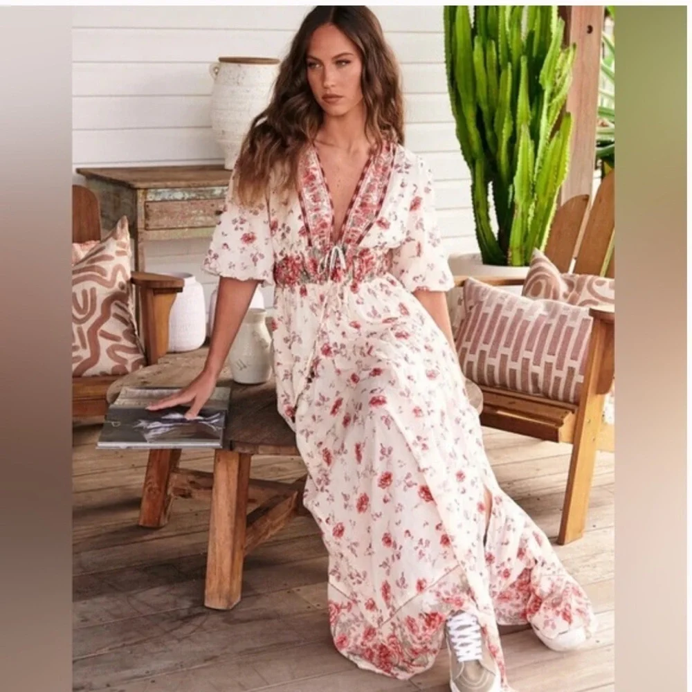 Free People Lysette Floral Maxi Dress Boho Cottagecore Tie Front XS - Picture 3 of 9